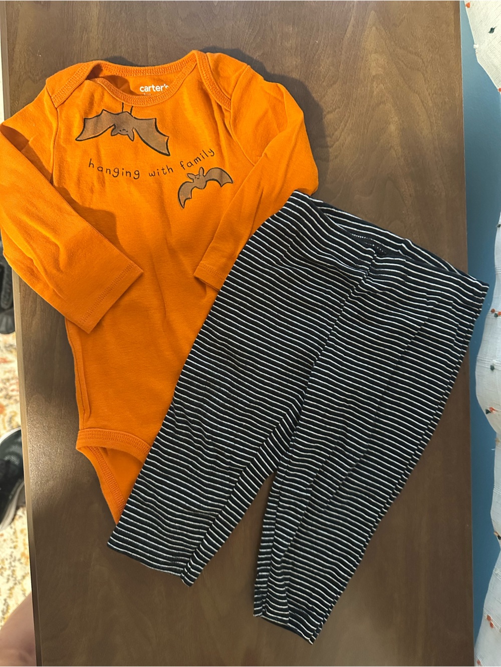 Carter's Orange Long-Sleeve Top with Bat Graphic and Black-White Striped Pants